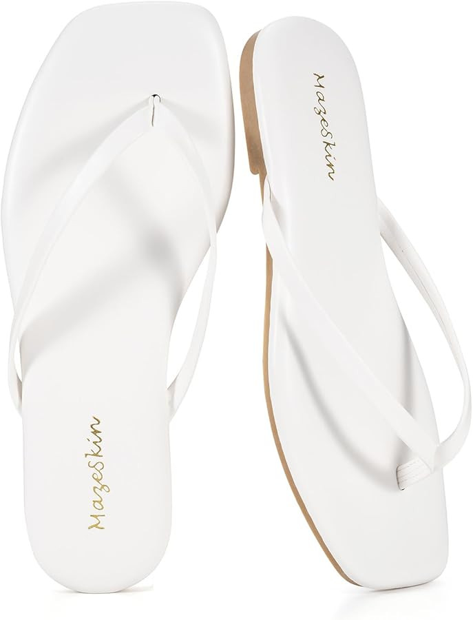 mazeskin Womens Flip Flops Vegan Leather Memory Foam Square Toe Flat Sandals Summer Beach Slides | Amazon (US)