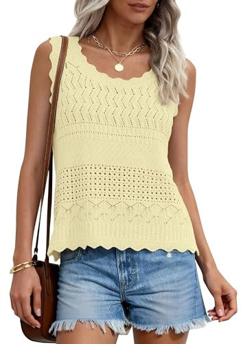 PRETTYGARDEN Womens Crochet Tank Tops 2026 Summer Spring Boho Sleeveless Cute Knit Sweater Vest Trendy Beach Vacation Clothes (Yellow,X-Large) | Amazon (US)