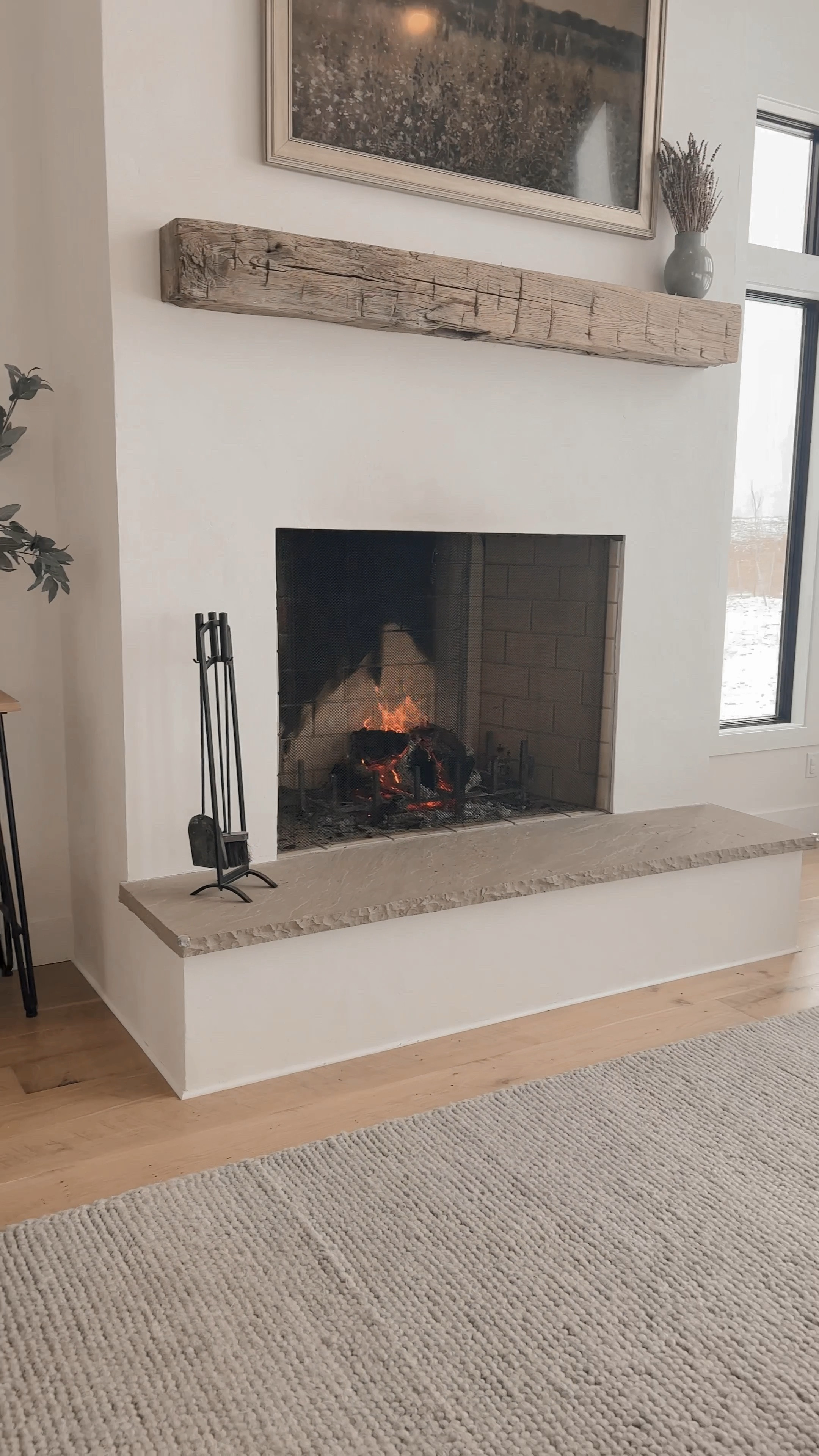 Living room decor, fireplace decor, mantle, beams, open console table, side table, accent chair, double chaise couch, affordable, throw pillows, French country modern, side lamp

#LTKHome