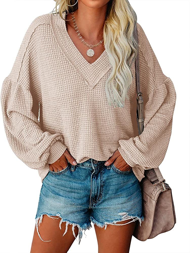 Womens Casual Waffle Knit Shirts Tunic Tops Oversized Sheer V Neck Balloon Sleeve Sweaters Loose ... | Amazon (US)