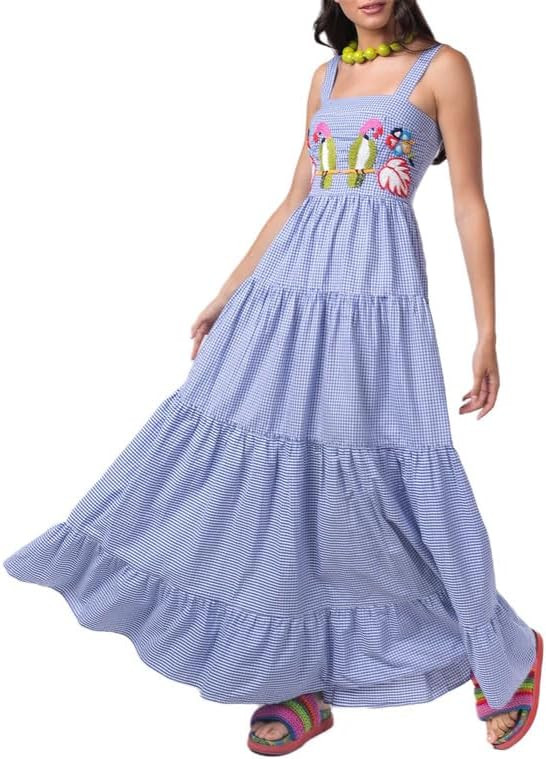 NUFIWI Women Boho Embroidered Cami Long Dress Sleeveless Cute Graphic Swing Maxi Dress Square Nec... | Amazon (US)