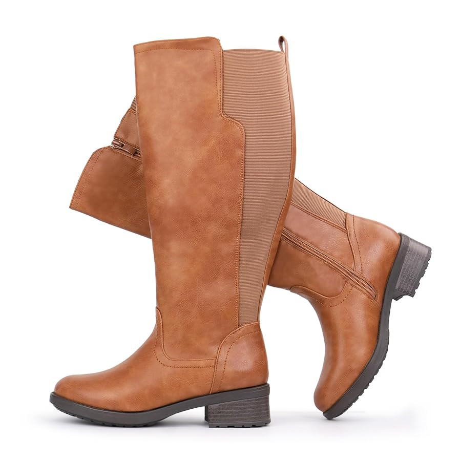 Chicblooms Damen-Stiefel mit weitem Schaft, kniehoch, Stretch, flach, niedriger Absatz | Amazon (DE)