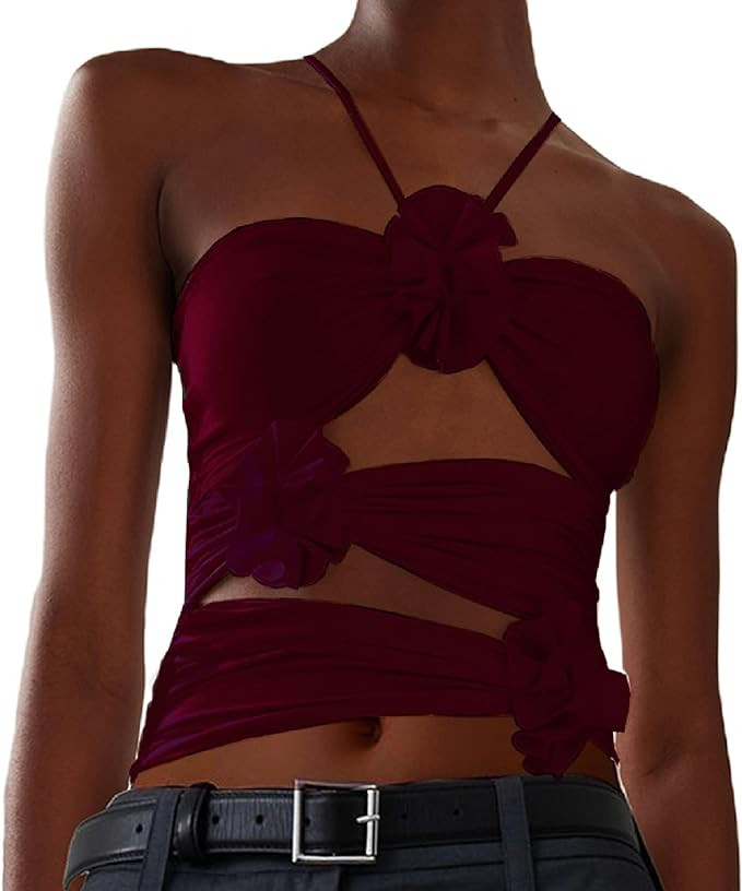 KMBANGI Floral Sexy Tank Top Women Y2k Ruffles Frill Halter Crop Tops Sleeveless Off Shoulder Bac... | Amazon (US)