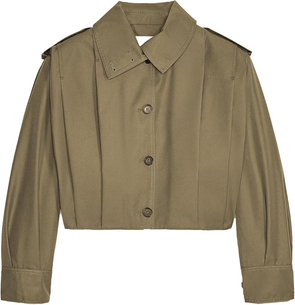 HOULENGS Women's Cropped Trench Coat Casual Long Sleeve Button Down Lapel Short Pleated Jacket Fa... | Amazon (US)