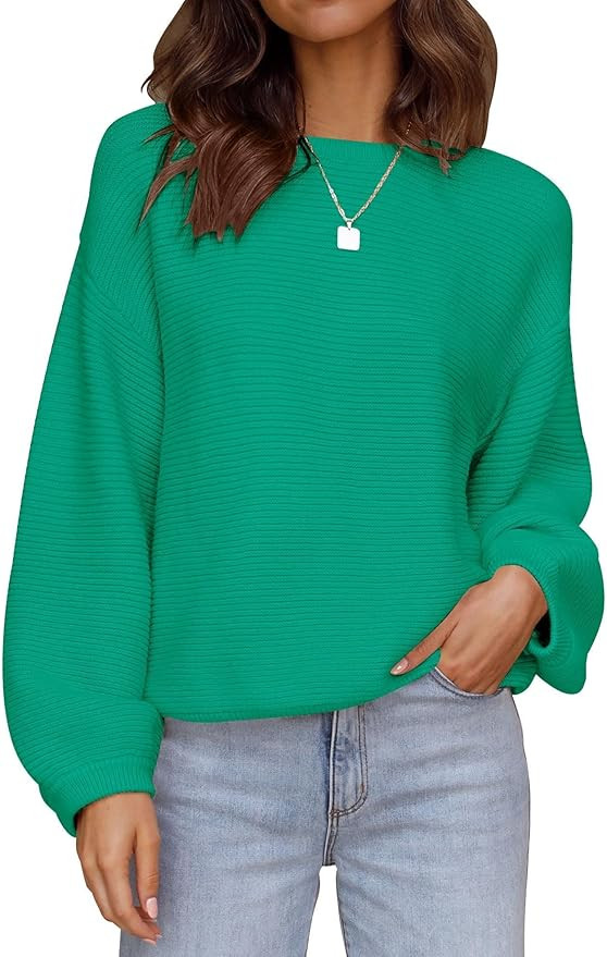 ZESICA Women's 2024 Crew Neck Long Lantern Sleeve Casual Loose Ribbed Knit Solid Soft Pullover Sw... | Amazon (US)