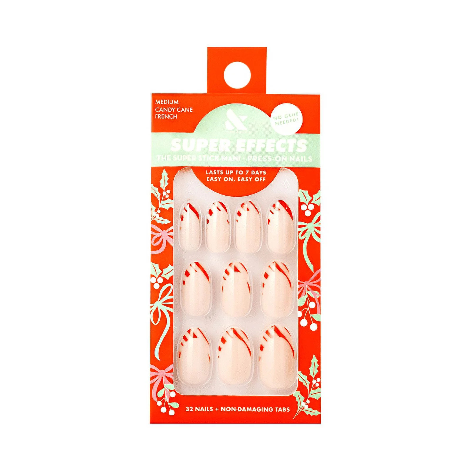 Olive & June Super Stick Mani Medium Oval Press-On Tabs, Candy Cane French, 32 Pieces | Walmart (US)