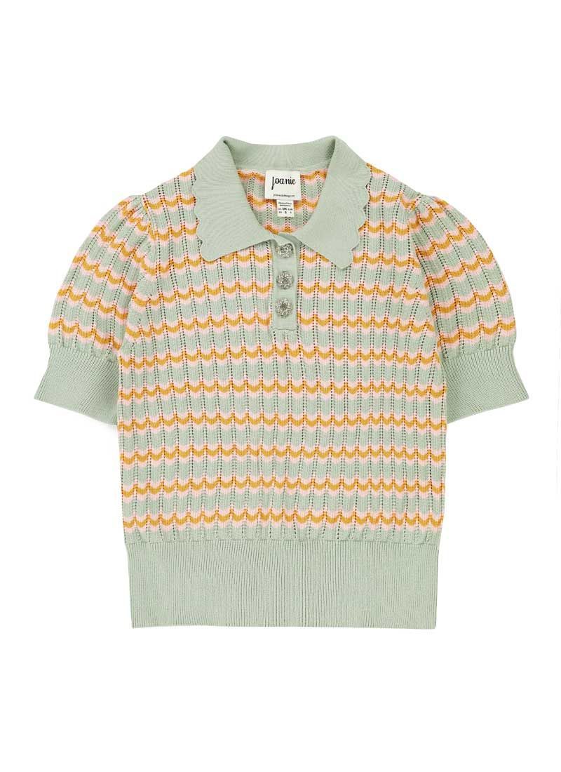 Verity Knitted Stripe Polo Top - Green | Joanie