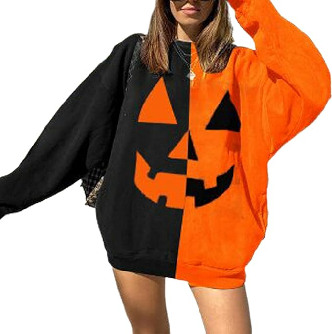 Autumn Winter Outfits Women Halloween Hoodies New Pumpkin Smile Long Sleeve Sweater Top | Amazon (US)