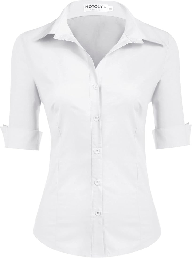 Womens 3/4 Sleeve Basic Button Down Shirt Slim Fit Cotton Dre | Amazon (US)