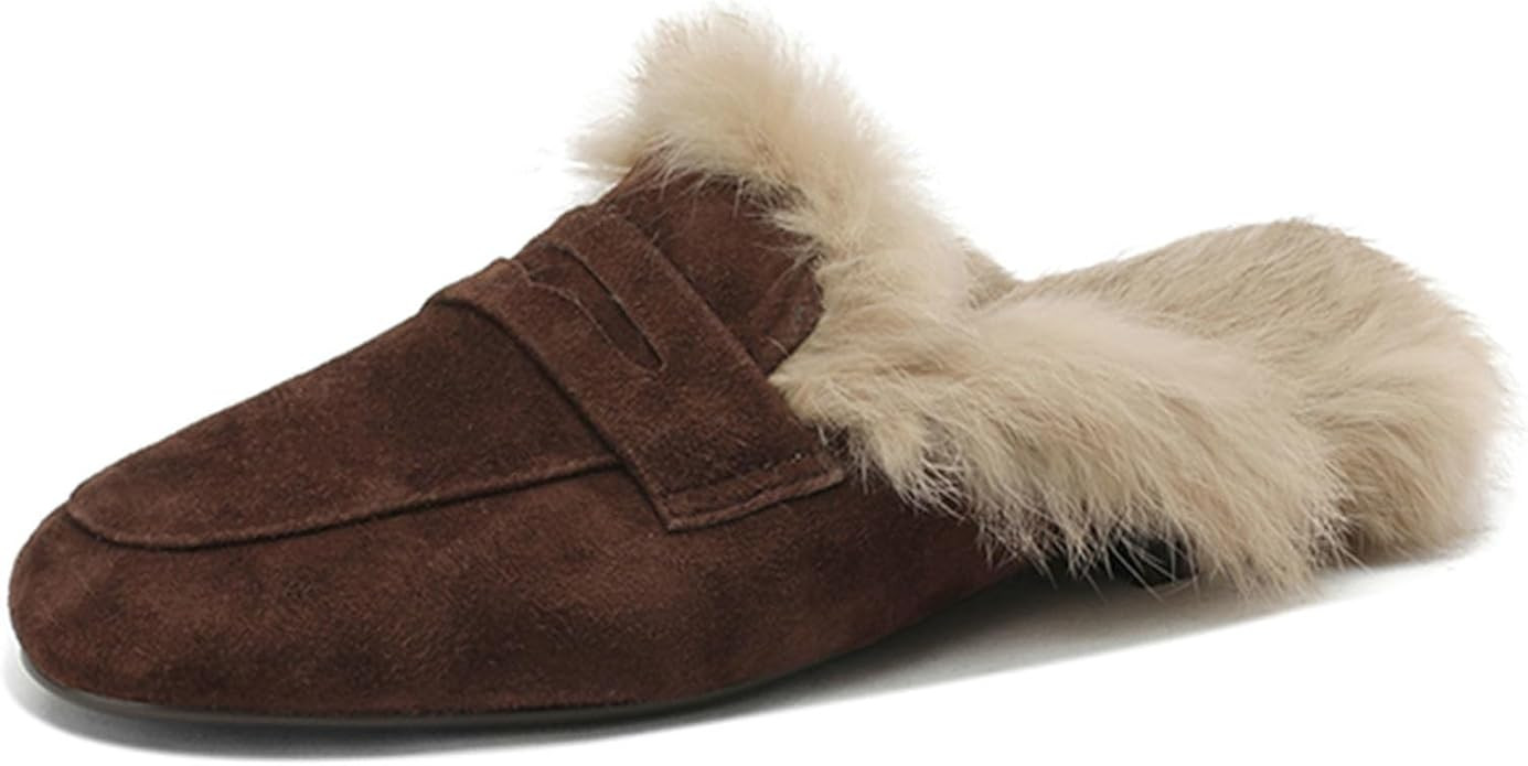 Bellirala Women's Rabbit Fur Lined Flat Mules & Clogs Fluffy Furry Slides Low Heels Loafers Faux ... | Amazon (US)