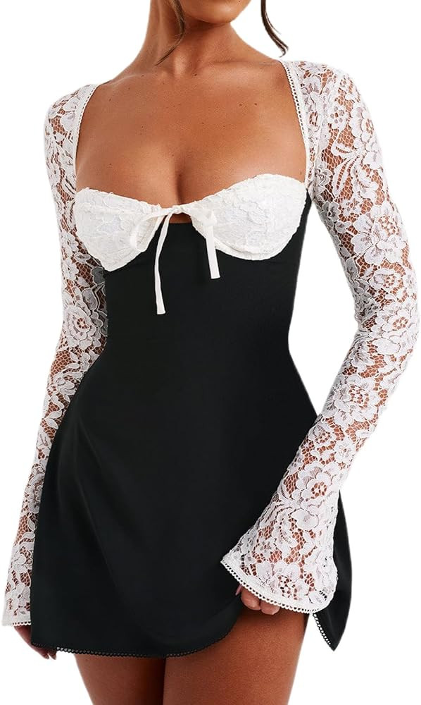 Women 's Elegant Lace Dress Lace Patchwork Long Sleeve Low Cut Mini Dress Backless Tie-up Going O... | Amazon (US)