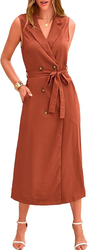 BTFBM Casual Business Dress 2024 Summer Work Office Lapel V Neck Slit Belted Sleeveless Button Do... | Amazon (US)