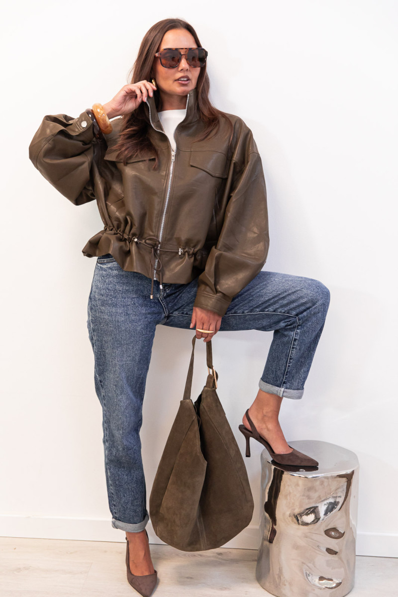 Veste simili cuir kaki femme | Pretty Wire