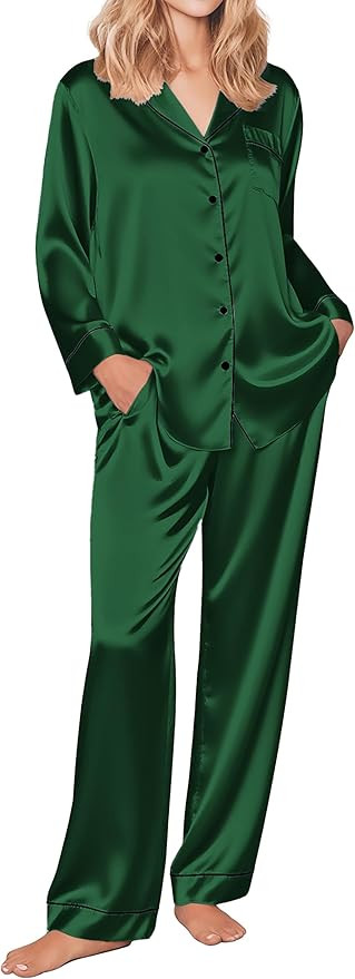 Ekouaer Silk Pajamas for Women Button Down Satin Pj Set Soft Long Sleeve 2 Piece Sleepwear Lounge... | Amazon (US)