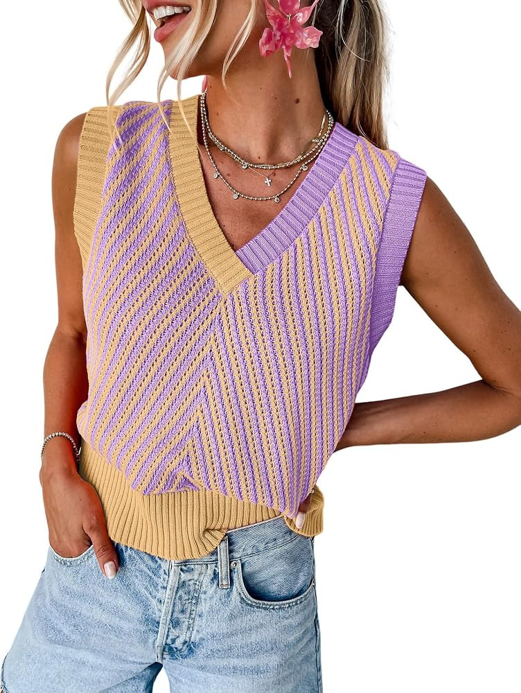 MARZXIN Women Sleeveless Sweater Vest V Neck Knitted Colorful Pullover Tops | Amazon (US)