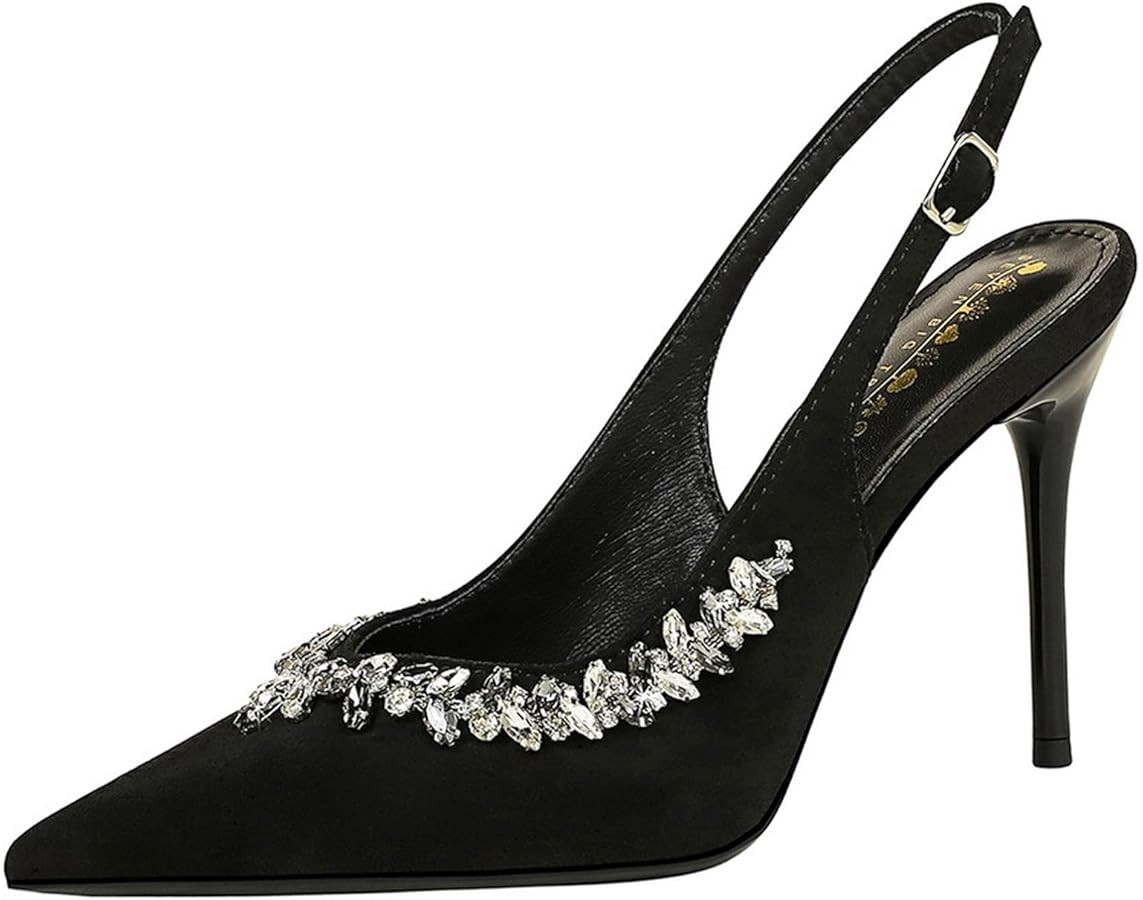 Women's Suede Rhinestone Pointed Toe Stiletto Slingback Pumps Sexy Closed Toe Adjust Ankle Strap ... | Amazon (US)