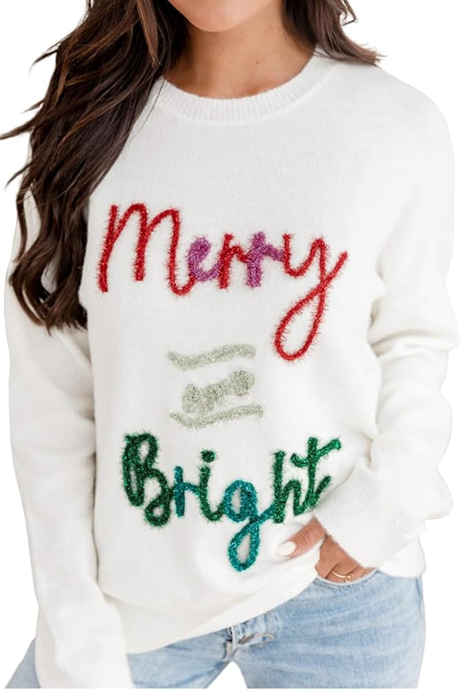 KevaMolly Womens Christmas Sweater Casual Tinsel Merry and Bright Graphic Sweater Daily Fuzzy Swe... | Amazon (US)