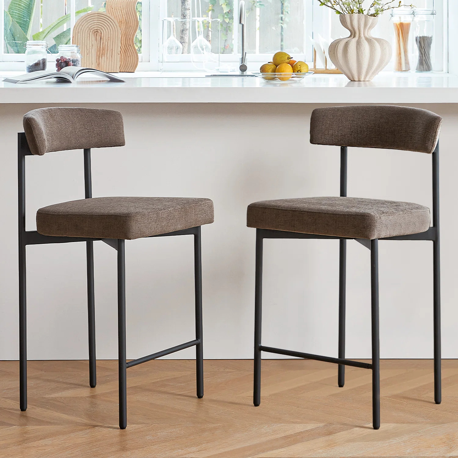 Grey Modern Bar Stools Set of 2, 25.2'' Counter Stools with Curved Backrest, Counter Height Bar S... | Wayfair North America