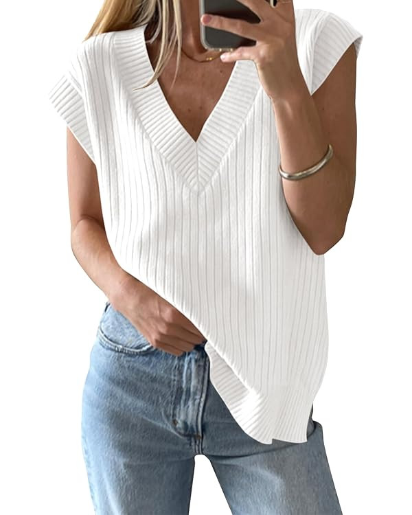 Saodimallsu Womens V Neck Sweater Vest Oversized Ribbed Knit Sleeveless Casual Loose Fit Pullover... | Amazon (US)
