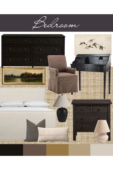 Bedroom mood board, neutral bed, vintage landscape art, gingham pillow, Chris loves Julia loloi rug, pottery barn dresser, farmhouse nightstands with drawers, frame tv art

#LTKsalealert #LTKstyletip #LTKhome