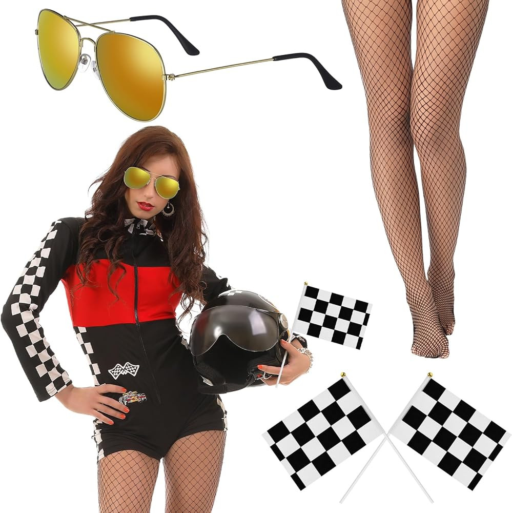 Mepase 4 Pcs Halloween Racer Costume for Women Racing Flag Sunglasses Fishnet Tight Set for Women Halloween Cosplay Accessory | Amazon (US)