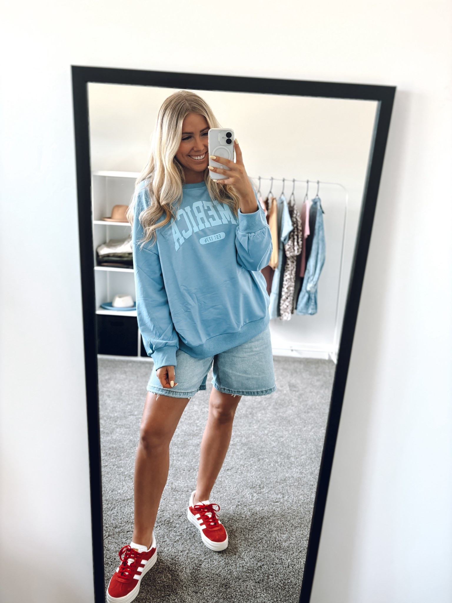 America sweatshirt: sized up one to an L
Jean shorts: wearing usual M
Red sneakers: true to size

| Memorial Day outfit | Fourth of July outfit | patriotic outfit | summer outfit 

#LTKSummerEdit #LTKSeasonal #LTKFindsUnder100