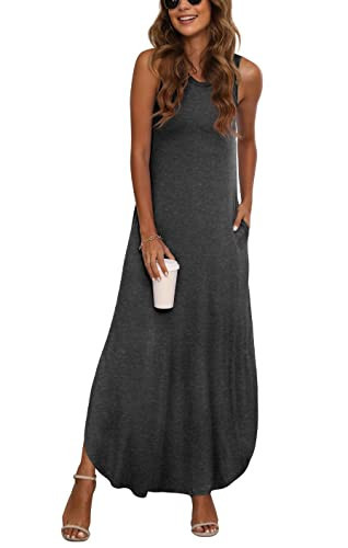 GRECERELLE Women Sleeveless Maxi Dress Summer Loose Split Beach Casual Loose Dress with Pockets(XX-Large, Dark Gray) | Amazon (US)