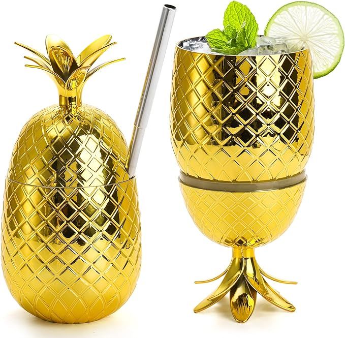 Okllen 2 Pack Plastic Pineapple Drink Cups, 16 OZ Gold Pineapple Tumbler with Stretched Straw, Ha... | Amazon (US)