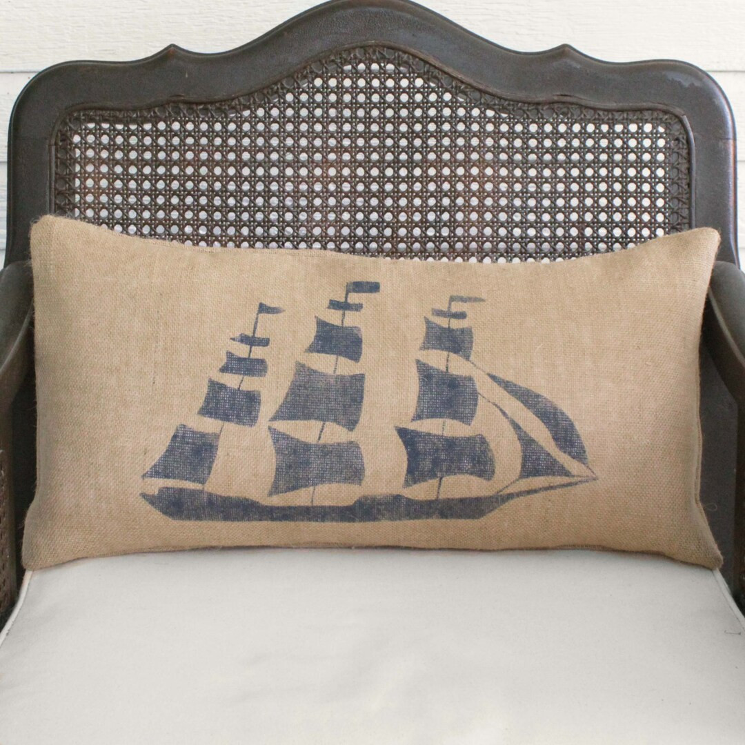 On the Sea  Clipper Ship  Burlap Pillow  Nautical Pillow in - Etsy | Etsy (US)