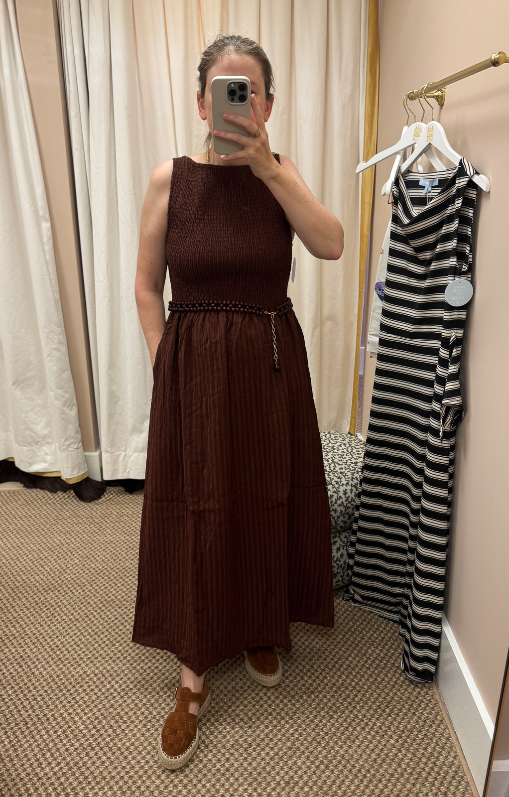Tried on this cute brown dress that's comfy and chic. I love how you can wear this into fall too. I added this fun wooden beaded belt 

 #LTKmomlife #LTKOver40