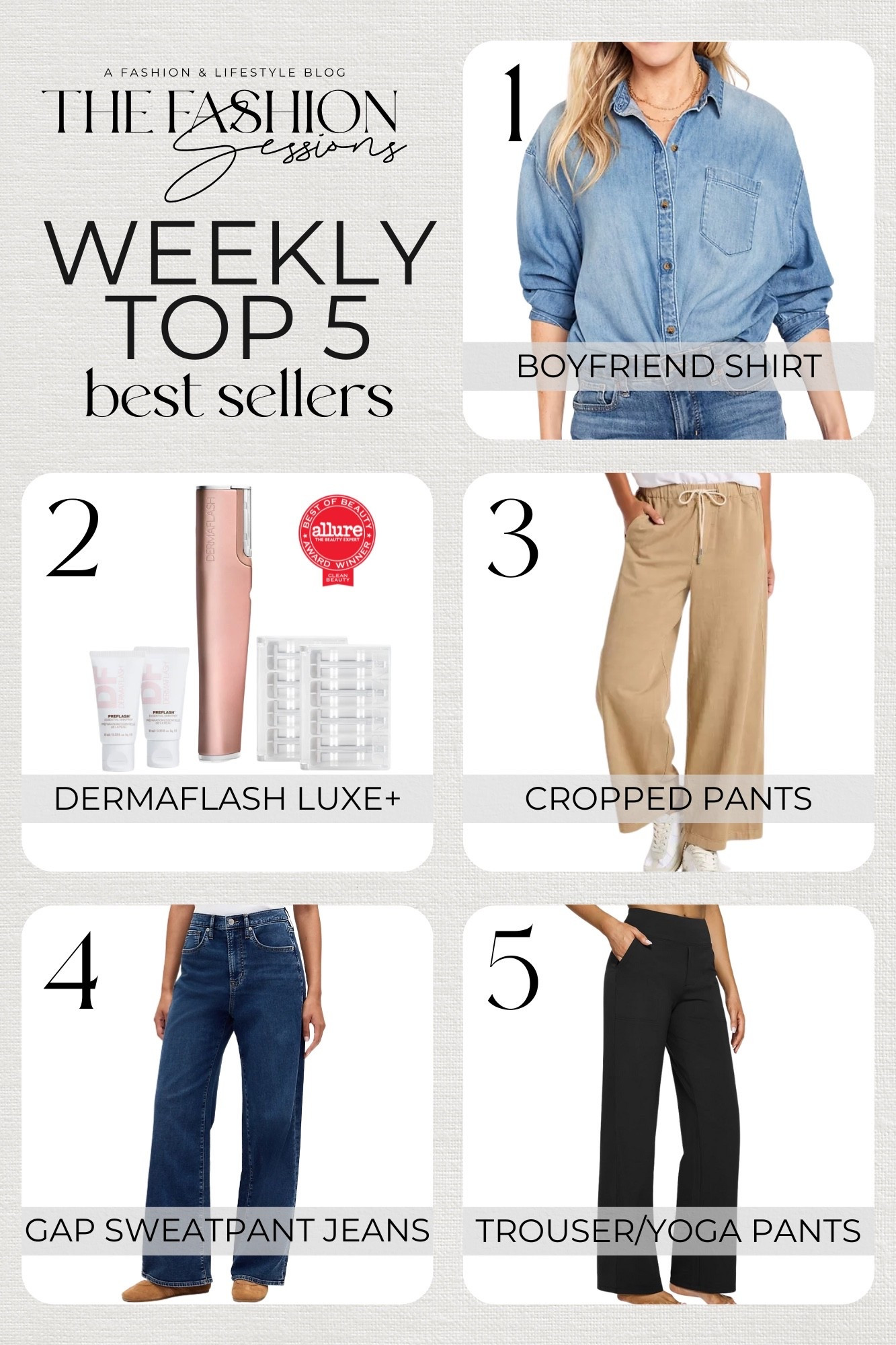 Weekly top 5 best sellers from the first week of 2026!
1. Old Navy Oversized Button-Down Boyfriend Shirt
2. Dermaflash Luxe+ Sonic Dermaplaning + Peach Fuzz Removal
3. Target Universal Thread Women's High-Rise Regular Fit Ankle Pull-On Pants
4. Gap Factory High-Rise Wide Leg Sweatpant Jeans
5. G4Free Yoga Pant/Trousers
winter outfit | comfy outfit | casual outfit | skin care 


#LTKSaleAlert #LTKFindsUnder50