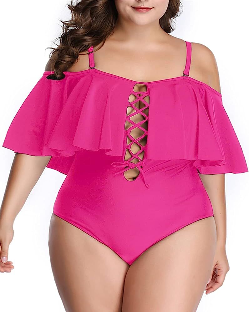 Aqua Eve Women Plus Size One Piece Off Shoulder Swimsuits Lace Up Tummy Control Flounce Bathing Suit | Amazon (US)