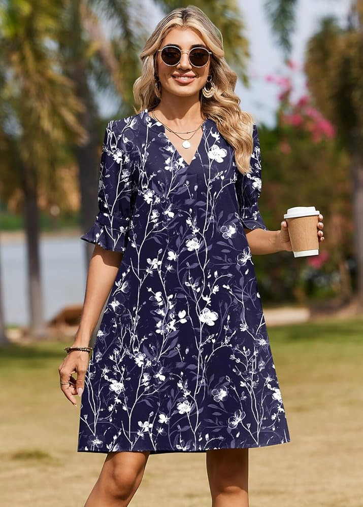 Zeagoo Summer Dresses for Women 2026 V Neck Ruffle Sleeve Loose Shift Dress Hawaiian Sundress Bea... | Amazon (US)