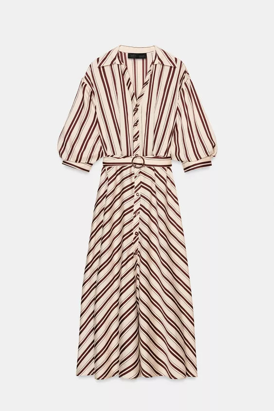 STRIPED MIDI DRESS WITH BELT | Zara UK
