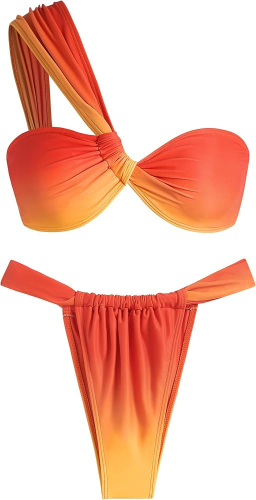 ZAFUL Women's One Shoulder Bikini Twisted Ruched High Cut Bandeau Bikini Set Two Piece Swimsuit | Amazon (US)