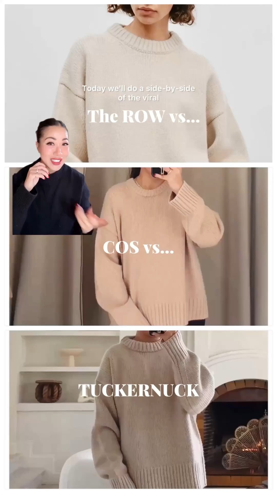 Also worth noting - The Row is 65% Wool & 35% Cashmere, the COS sweater is 100% cashmere, and the Tuckernuck sweater is exactly like The Row with 65% Wool & 35% Cashmere. I LOVE the weight and structure of the Tuckernuck sweater. I find that it’s the closest alternative and less expensive option to the Row sweater. 

TUCKERNUCK sweater: I’m wearing an XS. Perfect oversized fit. Great when worn out or tucked in. See in-depth review in video.

COS sweater: I’m wearing an XS. Great fit on my frame. A softer, more relaxed look with less structure compared to the Tuckernuck sweater. Also easy to wear out or tucked in. See in-depth review in video.



#LTKootd #LTKU #LTKSeasonal
