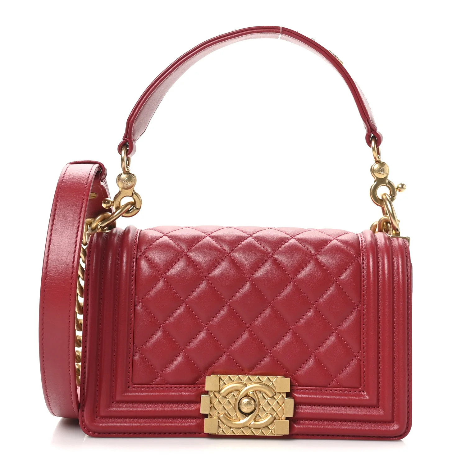 Calfskin Quilted Small Boy Logo Top Handle Flap Red | FASHIONPHILE (US)