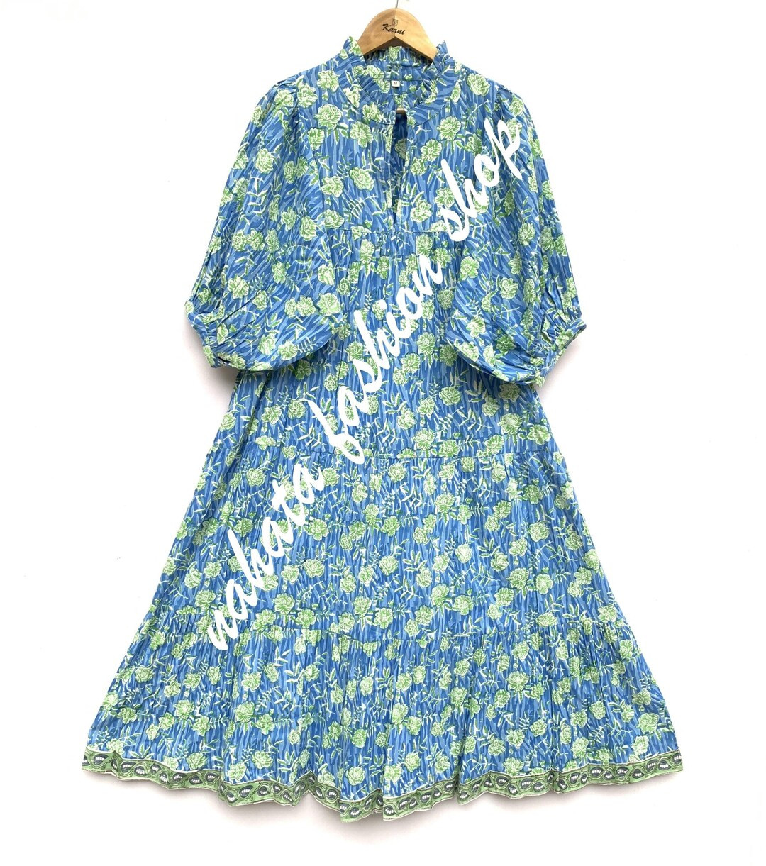 Indian Blue-green Floral Hand Block Printed Womens Maxi - Frill Collar With Belt Cotton Long Dres... | Etsy (Global)