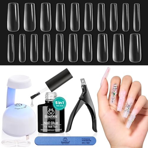 Beetles Gel Nail Kit Easy Extension Set, Long Square Pre Shaped 240 Pcs Clear False Acrylic Nails Tips with 5 In 1 Nail Glue Innovative UV Led Lamp DIY Manicure Salon at Home | Amazon (US)
