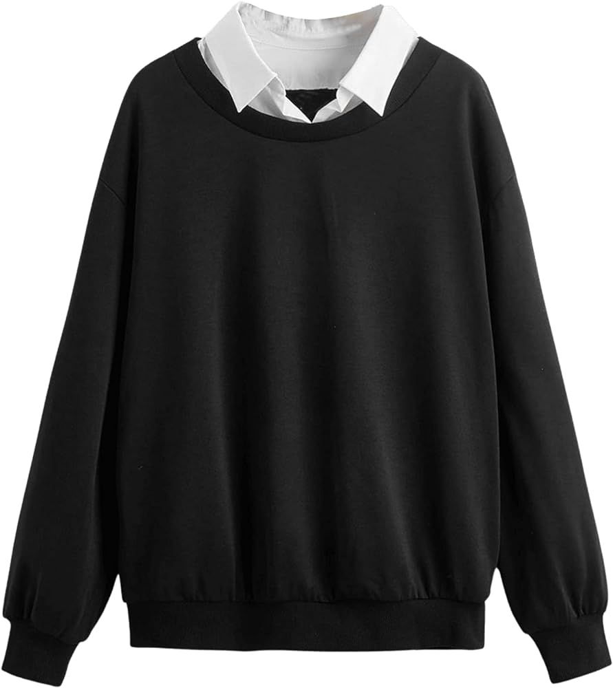 Women's Contrast Collar Drop Shoulder Casual Long Sleeve Pullover Sweatshirt Tops | Amazon (US)