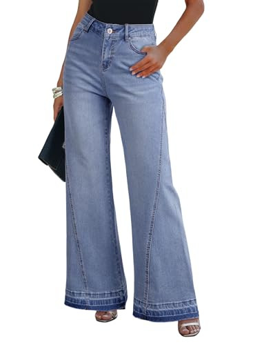 Dokotoo Women's Clothing Fashion Casual High Waisted Jeans for Women Baggy Stretchy Loose Fit Wide Leg Raw Hem Flare Denim Jeans Solid Lightweight Cotton Fabric Pants with Pockets Sky Blue Size 6 | Amazon (US)