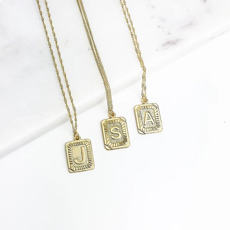 Gold Initial Letter Pendant Necklace, Square Alphabet Rectangle Medallion Pendant, Personalized, ... | Etsy (US)