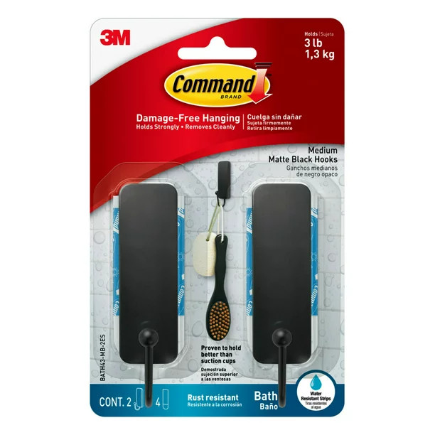 Command Bath Hook, Medium, Matte Black, 2 Hooks 4 Strips per Pack | Walmart (US)