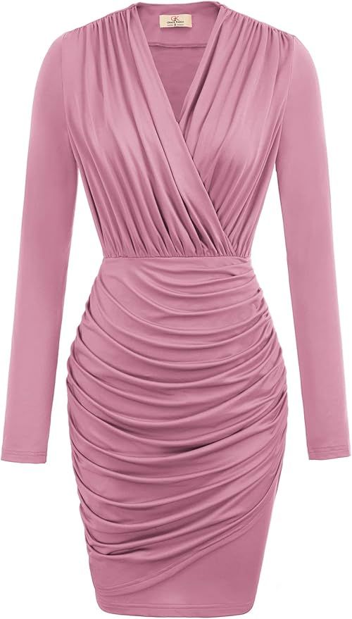 GRACE KARIN Women's Retro Long Sleeve Ruched Wrap Party Pencil Dress | Amazon (US)