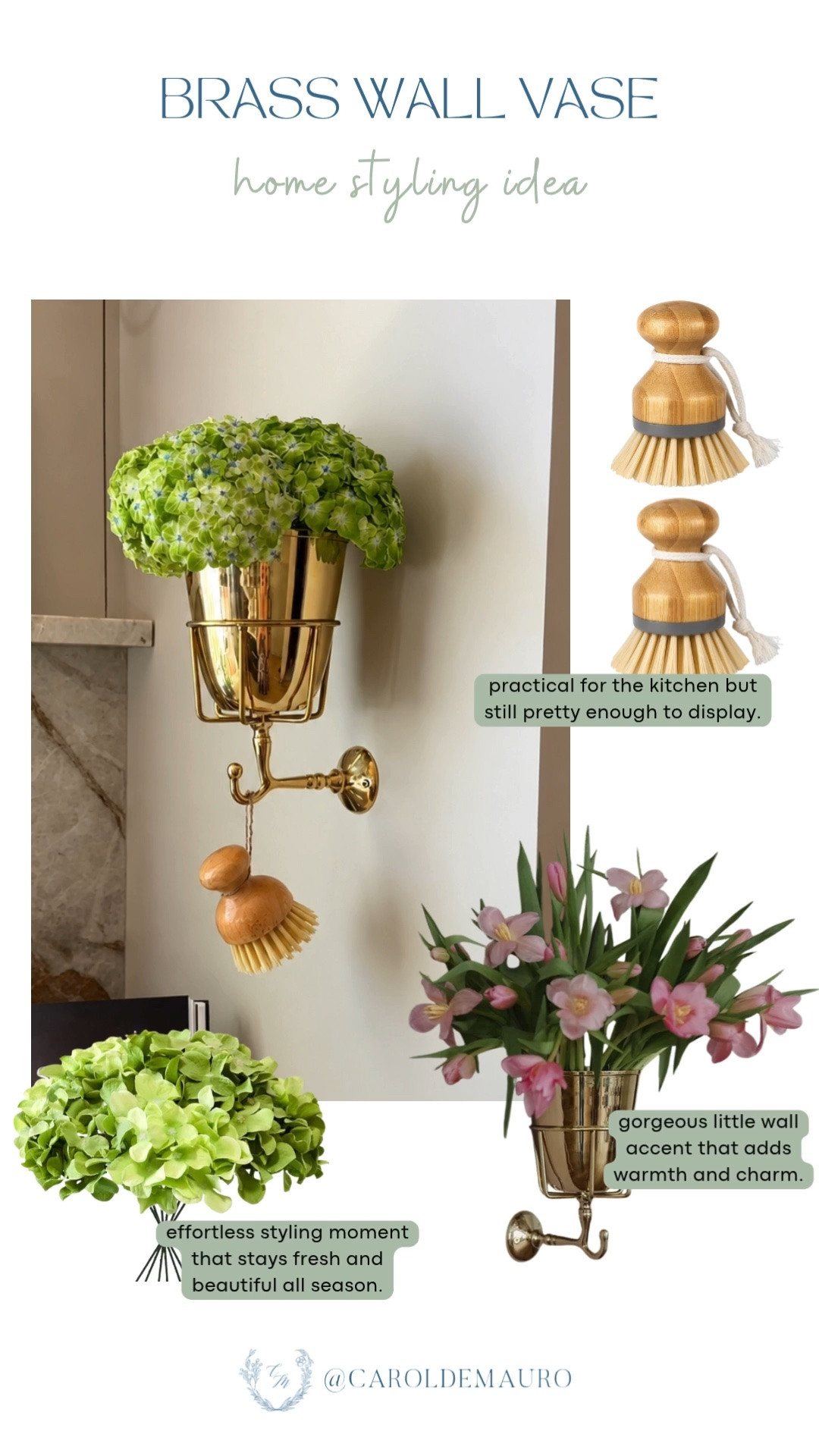 This brass wall vase is such a gorgeous little detail! It adds warmth and charm to any wall while holding the prettiest florals.

home styling idea, wall decor, floral styling, kitchen accents, faux florals, wall accent, home decor inspo

#LTKHome