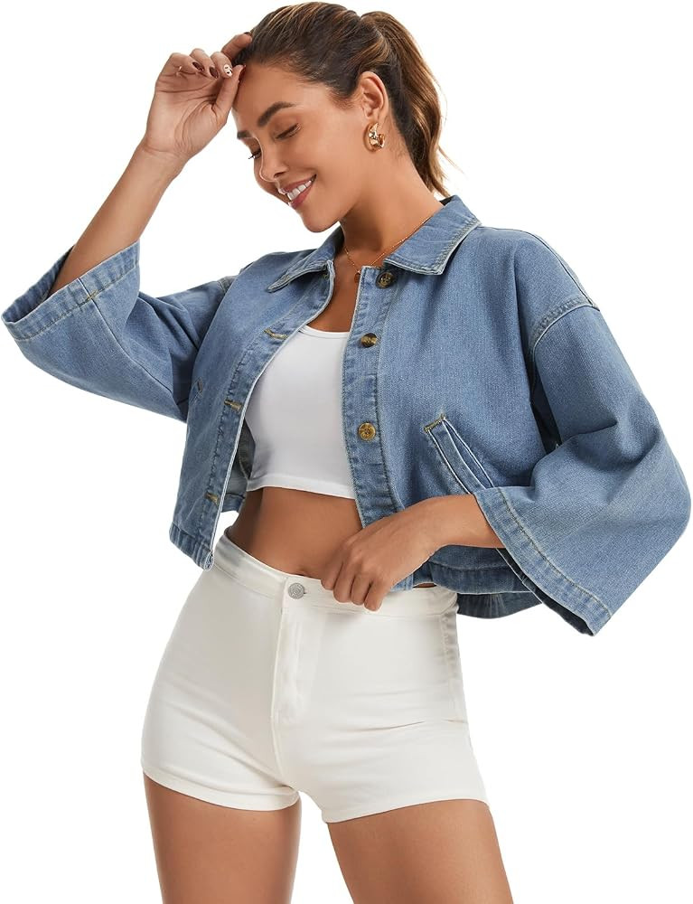 Womens Denim Jackets with 3/4 Sleeve Casual Button Down Jean Shirt, Shacket Loose Coat with Pocke... | Amazon (US)