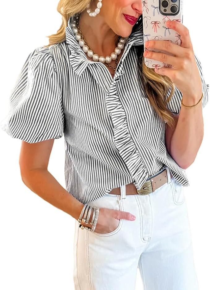 Womens Button Down Shirt Stand Collar Ruffle Top Striped Long Sleeve Shirts Work Tops for Women T... | Amazon (US)