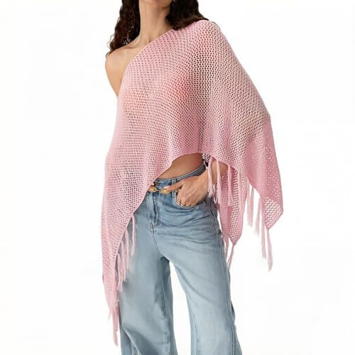 SOLILOQUY Women Y2K Tassels Knit Poncho Spark Sequined Off Shoulder Crochet Cape See-through Beach Cover Up Lightweight Shrug (Pink, M) | Amazon (US)