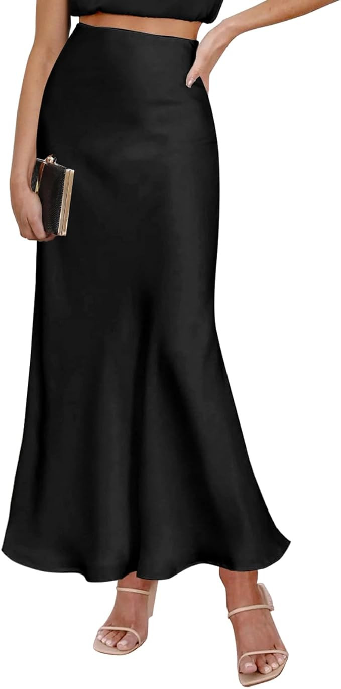 Satin Maxi Skirt Elastic High Waisted Silk A-Line Casual Elegant Flowy Long Skirts for Women | Amazon (US)