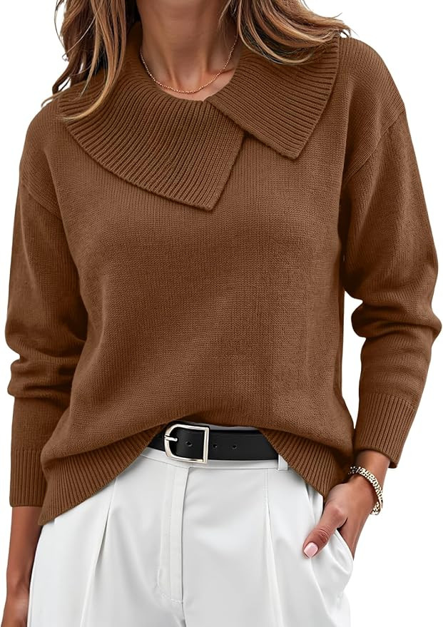 Dokotoo Sweaters for Women Long Sleeve Asymmetrical Lapel Collar Casual Pullover Sweater Tops Fal... | Amazon (US)